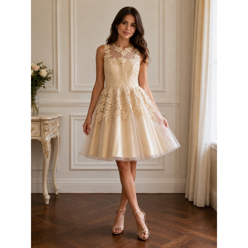 Unbranded Cocktail Dress Women Small Gold Floral Lace Tulle Illusion Neckline